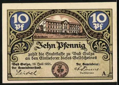 Notgeld Bad Sulza 1921, 10 Pfennig, Rathaus mit Weinbergen und Technikum