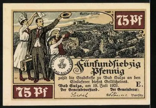 Notgeld Bad Sulza, 1921, 75 Pf, Blick auf Gradierwerke und Familie wandert mit Koffer