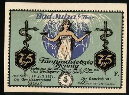 Notgeld Bad Sulza, 1921, 75 Pfennig, Frau mit Schalen und Schlangen, Gültig bis 31. Dez. 1922