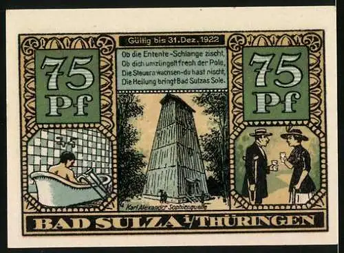 Notgeld Bad Sulza, 1921, 75 Pfennig, Frau mit Schalen und Schlangen, Gültig bis 31. Dez. 1922