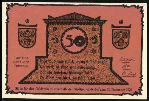 Notgeld Teterow, 1921, 50 Pfennig, Vorderseite: Stadtwappen und Inschrift, Rückseite: Brunnen und Wertangabe