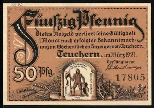 Notgeld Teuchern, 1921, 50 Pfennig, Stadtansicht und Uhrglasfabrik