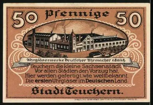 Notgeld Teuchern, 1921, 50 Pfennig, Stadtansicht und Uhrglasfabrik