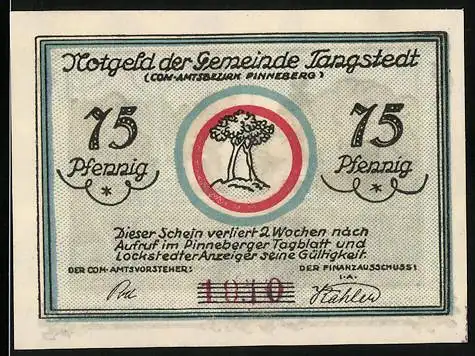 Notgeld Tangstedt, 1921, 75 Pfennig, Baum im Kreis auf Vorderseite, Mühle, Pavillon und Springbrunnen auf Rückseite