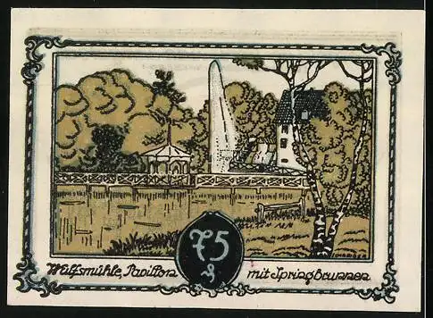 Notgeld Tangstedt, 1921, 75 Pfennig, Baum im Kreis auf Vorderseite, Mühle, Pavillon und Springbrunnen auf Rückseite