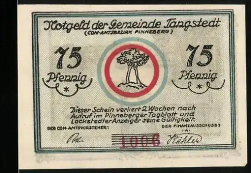 Notgeld Tangstedt, 75 Pfennig, Baum und Mühlenteich mit Schwan und Boot, 1921