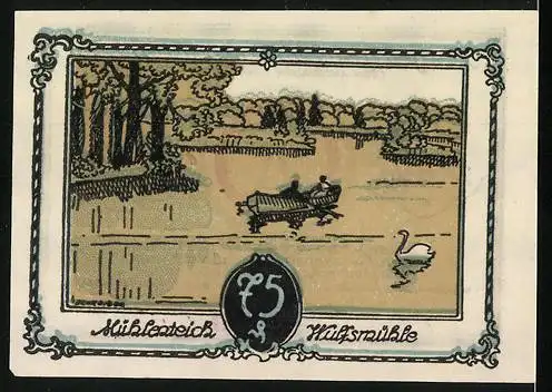 Notgeld Tangstedt, 75 Pfennig, Baum und Mühlenteich mit Schwan und Boot, 1921