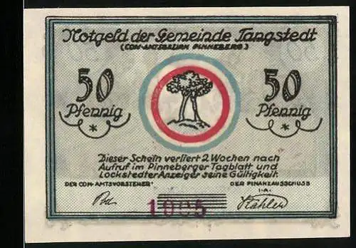 Notgeld Tangstedt, 50 Pfennig, Sommerhaus und Baum-Illustration