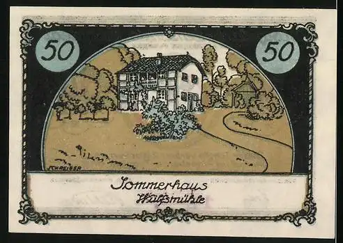 Notgeld Tangstedt, 50 Pfennig, Sommerhaus und Baum-Illustration