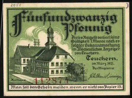 Notgeld Teuchern, März 1921, 25 Pfennig, Rathaus und Wappen mit Symbolen auf grünem Hintergrund