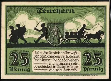 Notgeld Teuchern, März 1921, 25 Pfennig, Rathaus und Wappen mit Symbolen auf grünem Hintergrund