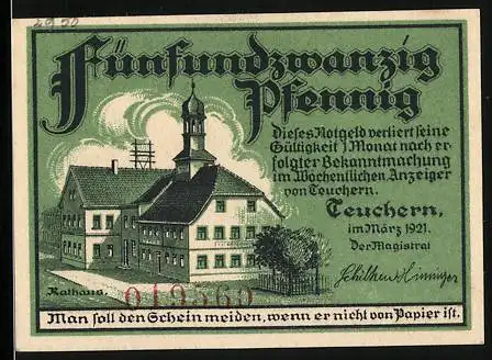 Notgeld Teuchern, 1921, 25 Pfennig, Rathaus und Schieberwarnung