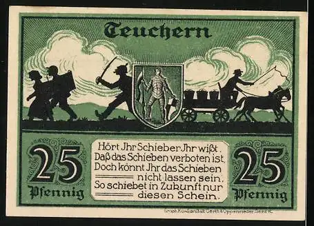 Notgeld Teuchern, 1921, 25 Pfennig, Rathaus und Schieberwarnung