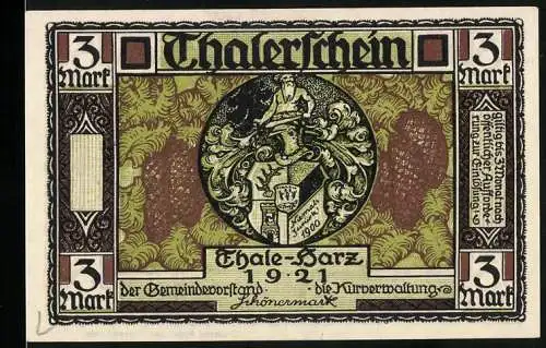 Notgeld Thale - Harz 1921, 3 Mark, Thalerschein mit Wappen und Fabelwesen, Rückseite mit Naturdarstellung und Zitat