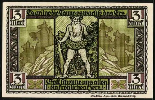 Notgeld Thale - Harz 1921, 3 Mark, Thalerschein mit Wappen und Fabelwesen, Rückseite mit Naturdarstellung und Zitat