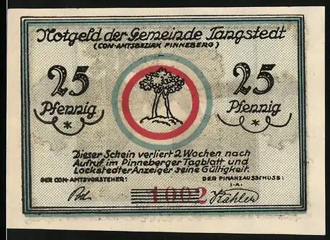 Notgeld Tangstedt, 1921, 25 Pfennig, Gemeinde Tangstedt mit Baum und Gut Wellingsbüttel