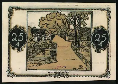 Notgeld Tangstedt, 1921, 25 Pfennig, Gemeinde Tangstedt mit Baum und Gut Wellingsbüttel