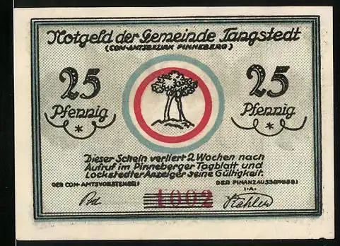 Notgeld Tangstedt, 25 Pfennig, Baum mit Kreis und Landschaft mit Denkmal