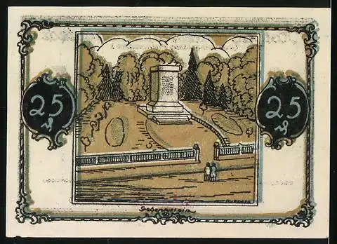 Notgeld Tangstedt, 25 Pfennig, Baum mit Kreis und Landschaft mit Denkmal