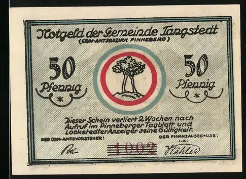 Notgeld Tangstedt, 50 Pfennig, Darstellung eines Baumes und eines Gebäudes (Schule)