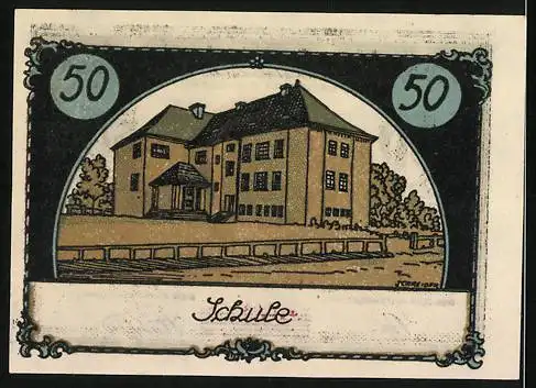 Notgeld Tangstedt, 50 Pfennig, Darstellung eines Baumes und eines Gebäudes (Schule)