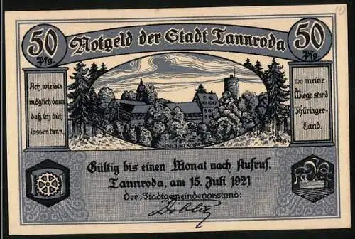 Notgeld Tannroda, 1921, 50 Pfennig, Stadtansicht und Wappen, gültig bis einen Monat nach Aufruf