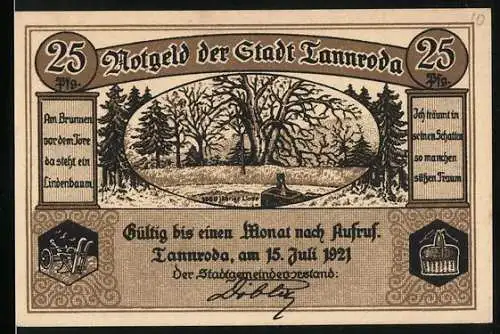 Notgeld Tannroda 1921, 25 Pfennig, Landschaft mit Bäumen und Gedichten, Stadtwappen auf der Rückseite