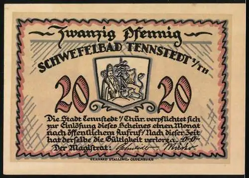 Notgeld Tennstedt, 1921, 20 Pf, Abbildung Kirche und Goethe-Zitat, Rückseite Wappen und Text in Schwarz