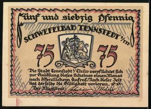 Notgeld Tennstedt, 75 Pfennig, Schwefelbad, Gebäude vorne, Wappen und Text hinten