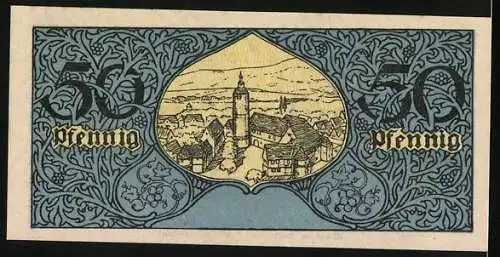 Notgeld Tauberbischofsheim 1918, 50 Pfennig, Kriegsnotgeld mit Stadtansicht und Wappen