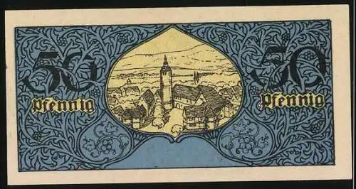 Notgeld Tauberbischofsheim 1918, 50 Pfennig, Kriegsnotgeld mit Wappen und Stadtansicht