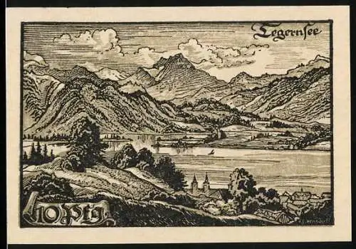 Notgeld Tegernsee, 1921, 10 Pfennig, Landschaft mit Bergen und See auf der Vorderseite, Königliche Figur und Schrift