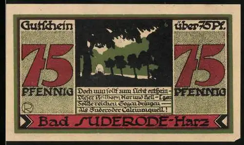 Notgeld Bad Suderode - Harz, 1921, 75 Pfennig, Gutschrift über 75 Pf im Harz, Rückseite mit Calcium-Trinkkuren