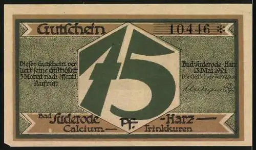 Notgeld Bad Suderode - Harz, 1921, 75 Pfennig, Gutschrift über 75 Pf im Harz, Rückseite mit Calcium-Trinkkuren