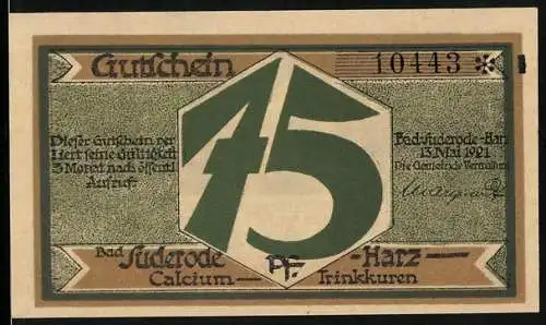 Notgeld Bad Suderode / Harz, 1921, 75 Pfennig, Vorderseite grün mit grosser 75 und Unterschrift, Rückseite rot mit 75