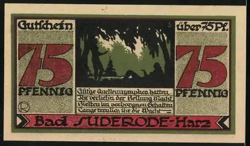 Notgeld Bad Suderode / Harz, 1921, 75 Pfennig, Vorderseite grün mit grosser 75 und Unterschrift, Rückseite rot mit 75