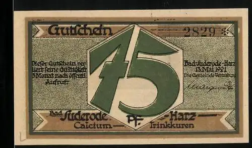 Notgeld Bad Suderode-Harz, 1921, 75 Pfennig, Gutschein mit grosser 75 und Landschaftsszene