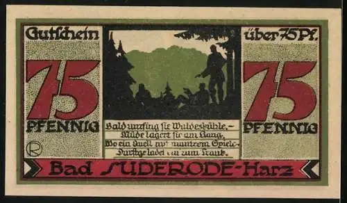 Notgeld Bad Suderode-Harz, 1921, 75 Pfennig, Gutschein mit grosser 75 und Landschaftsszene