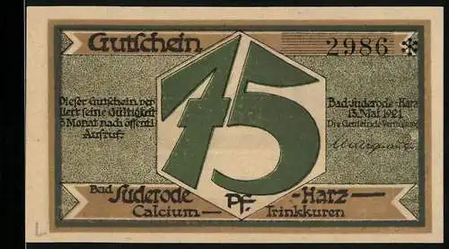 Notgeld Bad Suderode 1921, 75 Pfennig, Calcium-Trinkkuren und Waldmanns Jagdzug Darstellung