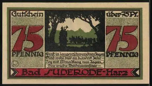 Notgeld Bad Suderode 1921, 75 Pfennig, Calcium-Trinkkuren und Waldmanns Jagdzug Darstellung