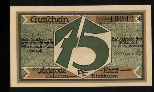 Notgeld Bad Suderode - Harz, 1921, 75 Pfennig, Gutschein über Calcium Trinkkuren und Jagdgesellschaft Szenen