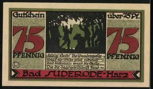 Notgeld Bad Suderode - Harz, 1921, 75 Pfennig, Gutschein über Calcium Trinkkuren und Jagdgesellschaft Szenen