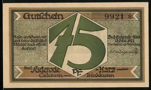 Notgeld Bad Suderode-Harz, 1921, 75 Pfennig, Gutschein Calcium-Trinkkuren, Waldszene mit Wanderern