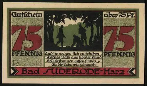 Notgeld Bad Suderode-Harz, 1921, 75 Pfennig, Gutschein Calcium-Trinkkuren, Waldszene mit Wanderern