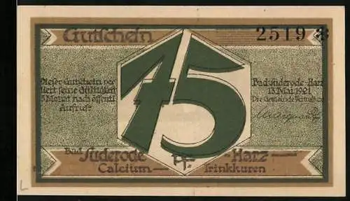 Notgeld Bad Suderode-Harz, 1921, 75 Pfennig, Calcium-Trinkkuren und Jagdgesellschaft im Wald