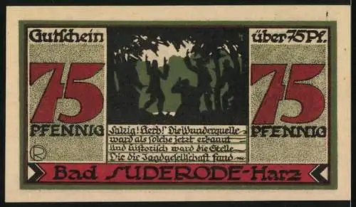 Notgeld Bad Suderode-Harz, 1921, 75 Pfennig, Calcium-Trinkkuren und Jagdgesellschaft im Wald