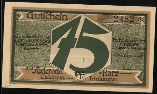 Notgeld Bad Suderode 1921, 75 Pfennig, Gutschein mit Landschaftsabbildung und grüner 75 auf der Vorderseite