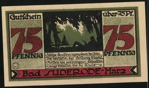 Notgeld Bad Suderode 1921, 75 Pfennig, Gutschein mit Landschaftsabbildung und grüner 75 auf der Vorderseite