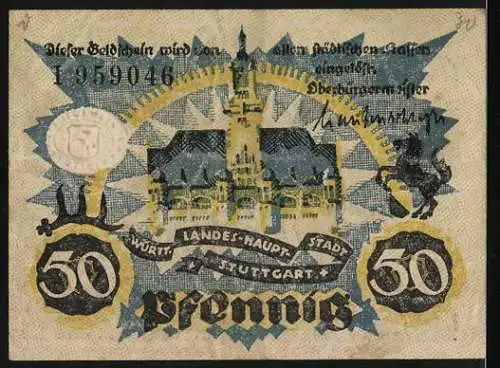 Notgeld Stuttgart, 1921, 50 Pfennig, Gültig bis 31. Juli 1921, Wahrzeichen und Wappen, Uhland`sche Buchdruckerei