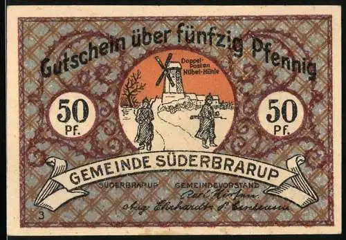 Notgeld Süderbrarup, 1921, 50 Pfennig, Doppelposten Nübel-Mühle und historische Szene, Nr. 20071